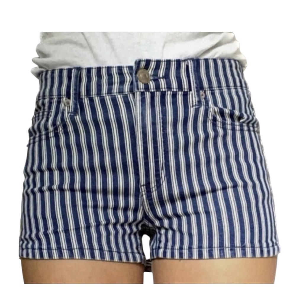 AMERICAN EAGLE Hi-Rise Shortie RAILROAD STRIPES SHORTS Blue/White Conductor SZ 0